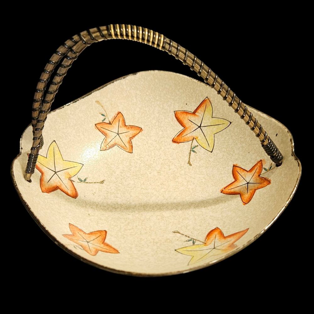 Vintage Hyalyn Leaf Pattern Handled Ceramic Basket Bowl Console Dish